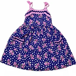 Maggie & Zoe Dress Girls Size 4 Blue White Polka Dot Pink Floral Ric Rac - Picture 1 of 4