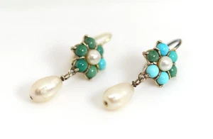 Vintage Antik Ohrschmuck Silber 835 Türkis Perle Stern vergoldet, L: 3,15cm - Bild 1 von 6