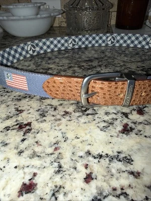 Cinturones para hombre Doc Murphy azul lona/adorno de cuero con hebilla plateada talla 38”~¡USADOS EN EXCELENTE ESTADO! Foto 1 de 4