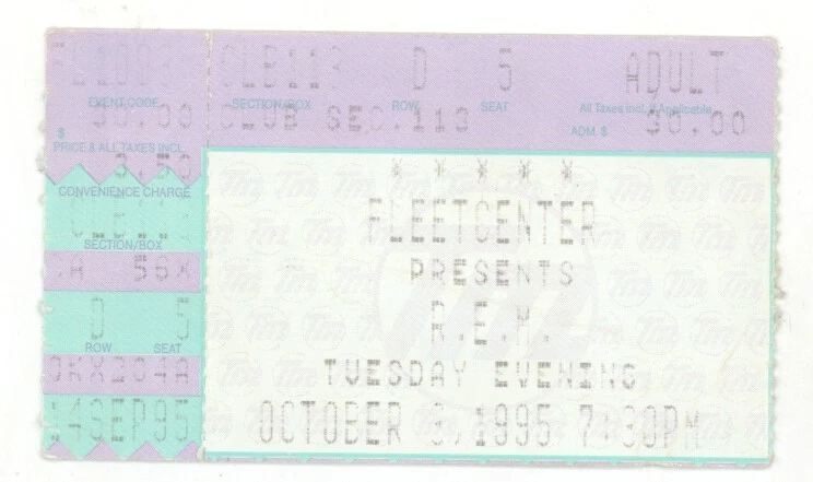 REM 10/3/95 Boston MA Fleet Center Concert Rare Ticket Stub R.E.M. - Image 1 of 1