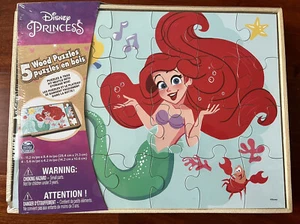 Disney Princess 5 Wood Puzzles by Spin Master Ariel Moana Cinderella Rapunzel - Picture 1 of 2