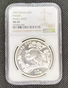 1997 MS69 Small Date 10 Yn Yuan Silver Panda NGS CASE HAS CHIPS SHIPS FREE! - Picture 1 of 4