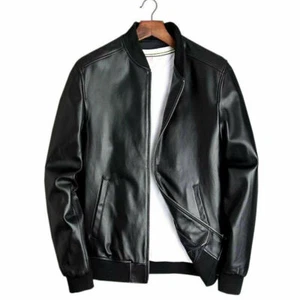 GIACCA BOMBER DA UOMO NERA IN VERA PELLE NERA SLIM FIT GIACCA STILE BIKER - Foto 1 di 4
