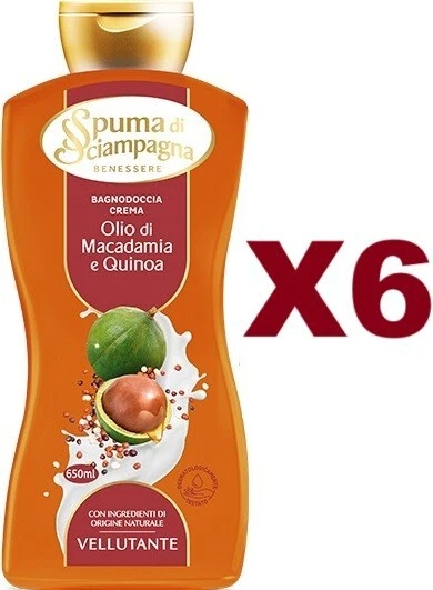 6 PZ SPUMA DI SCIAMPAGNA BAGNODOCCIA OLIO DI MACADAMIA E QUINOA VELLUTANTE 650ML