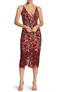 DRESS the POPULATION Red Nude Floral Embroidered Sheer Lace Cocktail Midi XS 2/4 - Picture 1 of 7