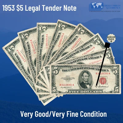 ✔ One 1953 Red Seal $5 Legal Tender Notes, VG/VF, Old US FIVE Dollars Bill - Image 1 of 2