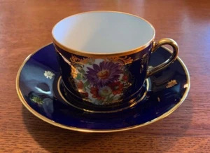 Impiria Limoges France Cobalt Blue Gold Porcelain Cup & Sauce with floral cameo - Picture 1 of 8