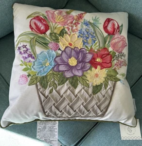 Secret Celebrity Spring Floral Embroidered Throw Pillow 18”sq.  basketweave pot - Picture 1 of 5