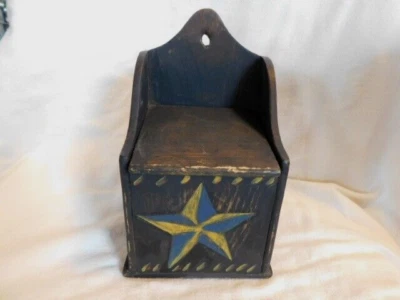 Antique Primitive Hand Carved Wooden Wood Salt Box-Old Blue & Yellow Paint - Image 1 of 4
