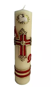 Easter Lent Paschal Candle Wax Red/Gold Color  Cross Decor 8"x2" Cirio Pascual - Picture 1 of 2