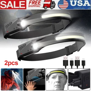 2XWaterproof COB Headlamp LED Sensor 230° Head Torch Headlight Lamp Rechargeable - Picture 1 of 10