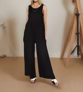 MADISON THE LABEL Boho Black Linen Blend Wide Leg Jumpsuit. Size S. NWT - Picture 1 of 13