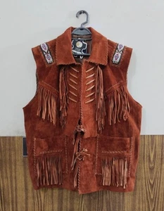 Men Native American Western Cowboy Leather vest Suede Leather Fringe & Beaded. - Picture 1 of 3