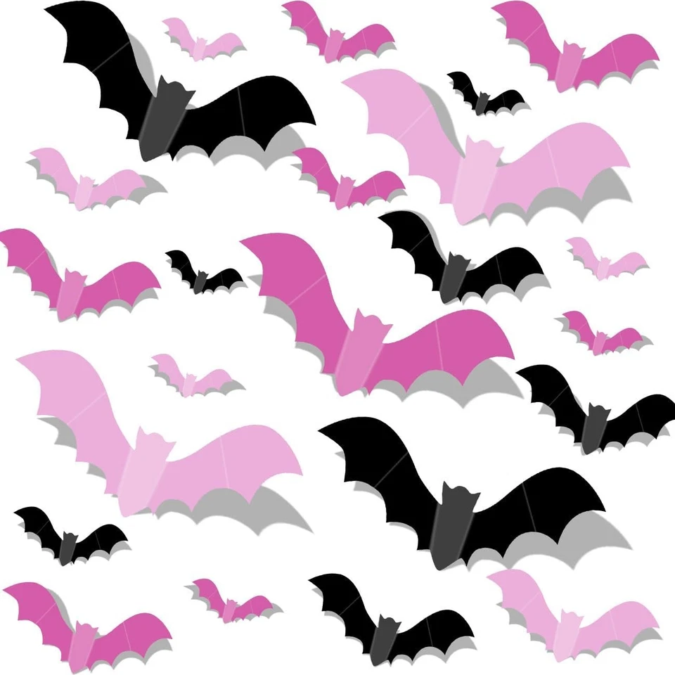 48pcs Pink and Black 3D Bat Wall Decals for Halloween Decor