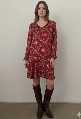 Vintage Dress SuZ California Womens S/M Red Floral Satin Drop Waist 1960-70’s - Image 1 of 4