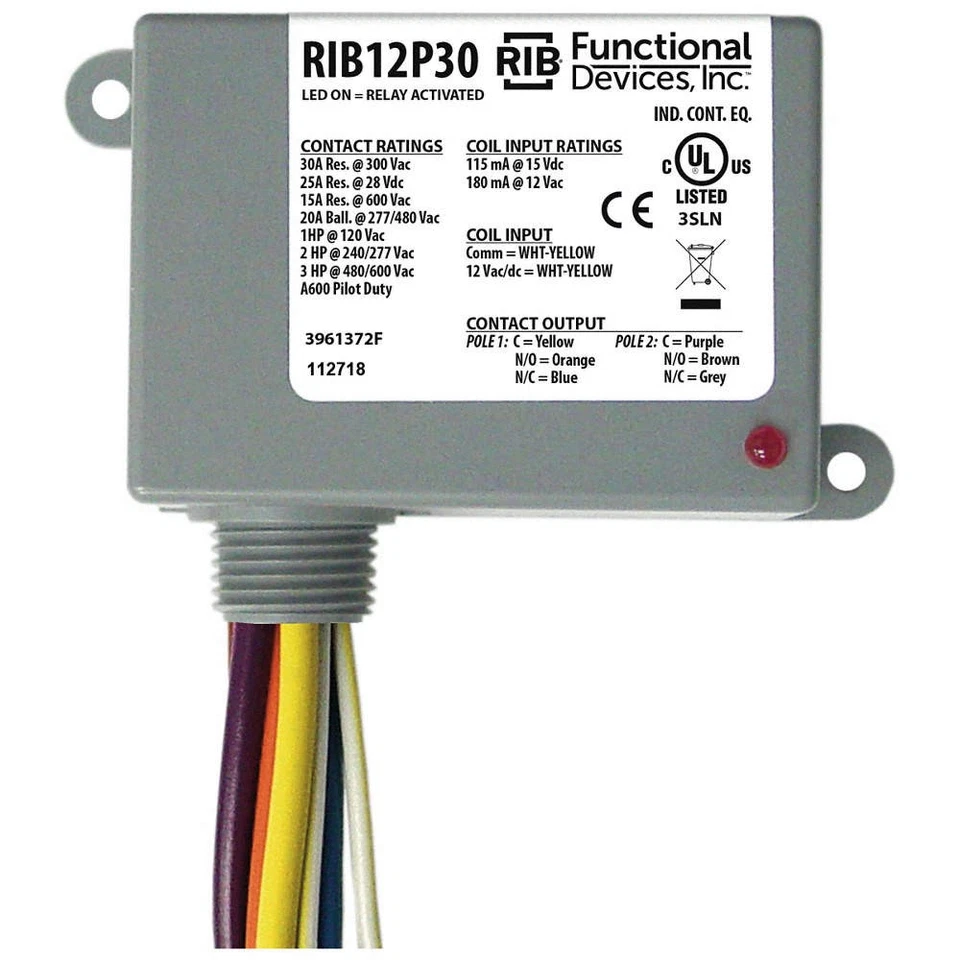 RIB RIB12P30 Pre-Wired Relay,12VAC/DC,DPDT,30A 21GP37 - Image 1 of 1