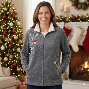 Croft & Barrow Womens XL Christmas Cardinal Embroidered Fleece Jacket Grandma - Picture 1 of 9