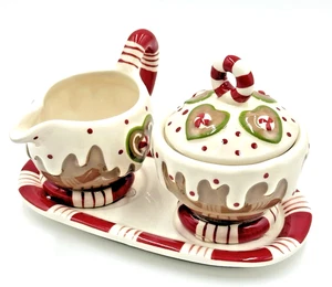 Blue Sky Clayworks Heather Goldminc Peppermint Sugar & Creamer Set Christmas - Picture 1 of 7
