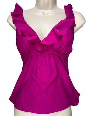 DKNY 女式中号洋红色荷叶边三明治游泳上衣尼龙氨纶 — 第 1/4 张图片