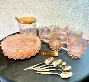 Vtg Pink Depression Glass Tea Cup & Saucer Set 5pcs & suger pot Bubble Rim Japan - Picture 1 of 24