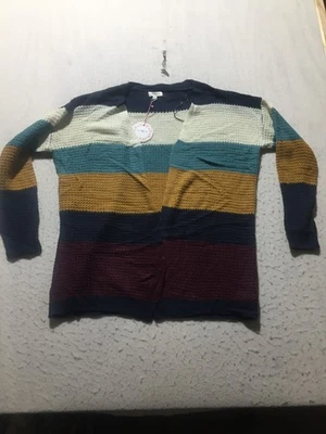 NEW Umgee Cardigan Sweater Womens L Large Blue Multicolor Striped Knit Open Soft - Image 1 of 4