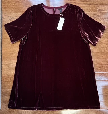 Eileen Fisher NWT Velvet Mini Shift Dress tunic short slv sz L in Casis burgundy - Image 1 of 4