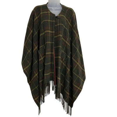 Poncho Orvis Mezcla de Lana Capa a Cuadros Pequeño/Mediano Multicolor Flecos Borde Bolsillos Foto 1 de 4