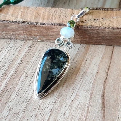 Colgante único de ágata de musgo de plata de ley 925 colgante hecho a mano PG8111 Foto 1 de 3