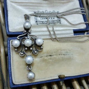 Vintage 925 Sterling Silver Necklace, Cultured Pearls Pendant, 1930s Chandelier - Picture 1 of 7