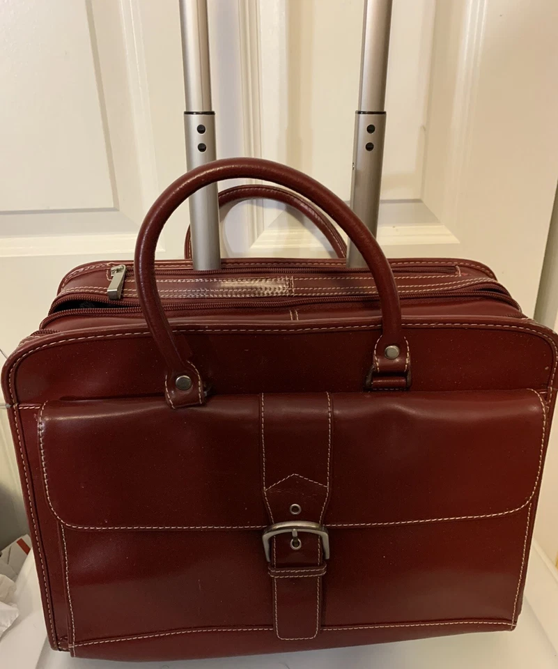 Franklin Covey Rolling Leather Briefcase Carry Travel Bag Laptop Burgundy - Image 1 of 4