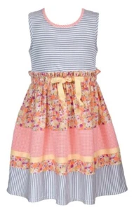 NWT Bonnie Jean Girls Size 8 Sleeveless Blue Orange Tiered Stripe Floral Dress - Picture 1 of 3