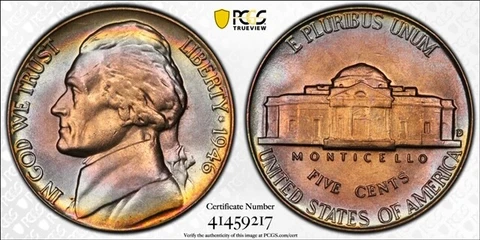 MS65 1946-D 5C Jefferson Nickel, PCGS Secure- Pretty Rainbow Toned Cover