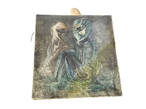 Mid Century Painting Ghost Horror 2 Females With Masks Signed Tile - Picture 1 of 8