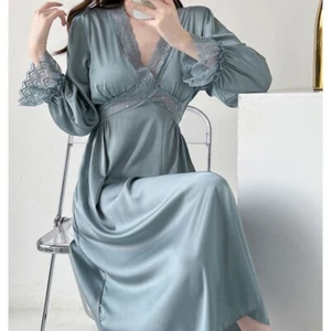Lace Women Splice Satin Faux Silk Dress Nightdress Sweet Princess Long Sleeve - Picture 1 of 13