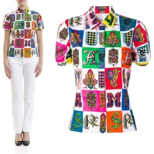 42 NEW $850 VERSACE White Cotton Vivid GOTHIC BAROQUE ALPHABET PRINT Blouse TOP - Picture 1 of 20