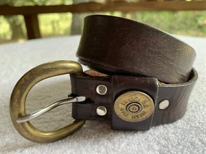 Vtg Handmade Belt Mens 44 Brown Leather Shotgun Shell 12 Gauge Gold Medal Brass - Picture 1 of 18