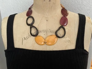 Mustard, Maroon & Brown Tagua Nut & Acai Necklace, Vegetable Ivory Jewelry - Picture 1 of 5