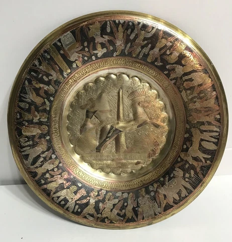 Egyptian Handmade Copper and Mixed Metals Plate of Ramsis on a Chariot Hunting Cover