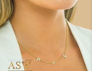 14K Solid White Or Yellow Or Rose Gold Two Initials And Bezel Set Diamond Neckla - Picture 1 of 4