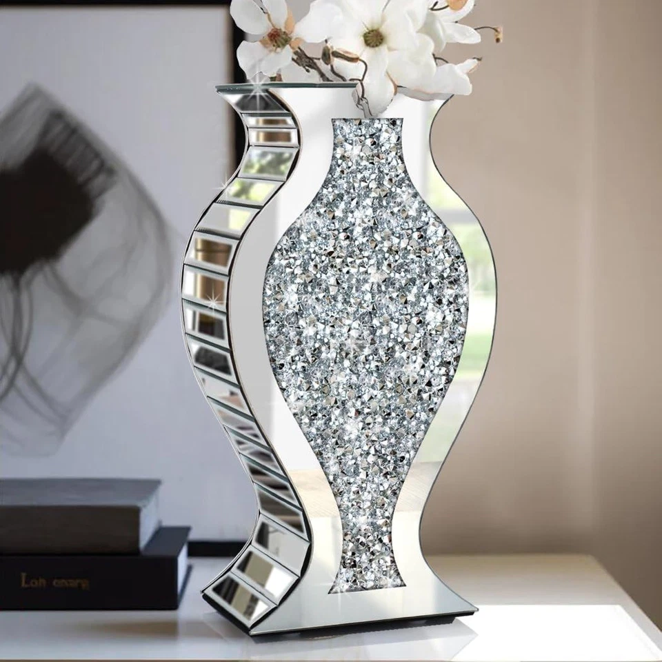 Diamond Flower Vase Luxury Silver Mirrored Crystal Vase for Home Decor 15"