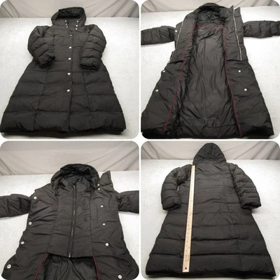 Chaqueta de plumón Cole Haan para mujer pequeña negra con cremallera frontal acolchada con capucha larga ALTA Foto 1 de 4