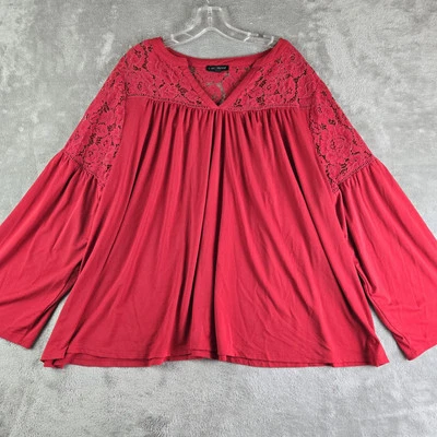Lane Bryant Top Womens 22/24 Red Lace Shoulder Flared Sleeve Workwear Classic - Image 1 of 4