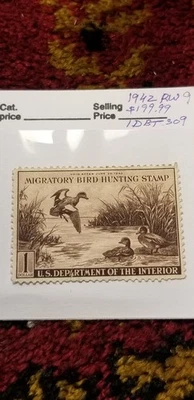 USA 1942 $1 Duck Migratory Bird Hunting Stamp Scott#RW9 Rare Find IDbt301. - Image 1 of 3