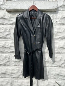 Vera Pelle Jacket Women’s Black Leather Pea Coat Cutout Belted Outdoor - Picture 1 of 14