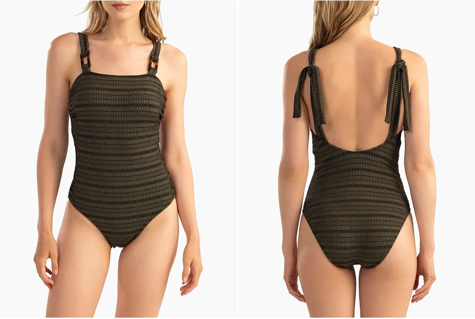 Traje de baño Shoshanna Tie-Strap de una pieza verde oliva negro tortuga talla 0 precio de venta sugerido por el fabricante 310 USD Foto 1 de 4