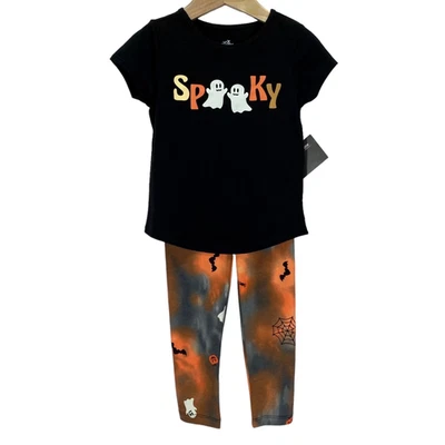 Halloween Niñas Camisa Pantalones Conjunto 3T Fantasma Espeluznante Negro Naranja Tie Dye Tejido NUEVO Foto 1 de 4