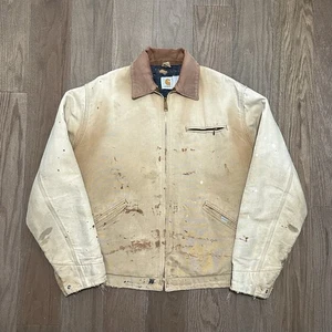 Vintage 80s 90s Carhartt Detroit Jacket Coat Distressed Faded Paint Tan USA L/XL - Picture 1 of 18