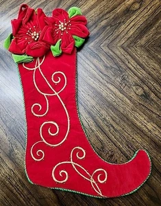Vintage Velvety Poinsettia Beaded Christmas Stocking Elf Curled Toe - Picture 1 of 6