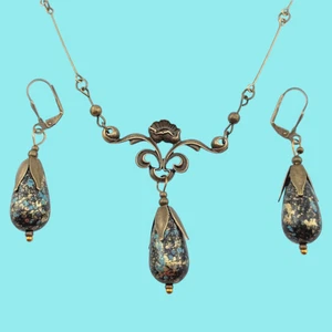 ART NOUVEAU STYLE SET bronze aqua flower scroll & teardrops necklace earrings P2 - Picture 1 of 5