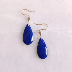 16.62ct Natural Lapis Lazuli Diamonds Drop Earrings 14K Yellow Gold Teardrop - Picture 1 of 8